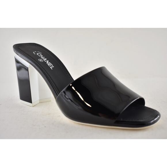 Chanel 22C Black Patent Calf White CC Logo Mule Slide Block Heel Sandal 36.5 - Picture 4 of 12